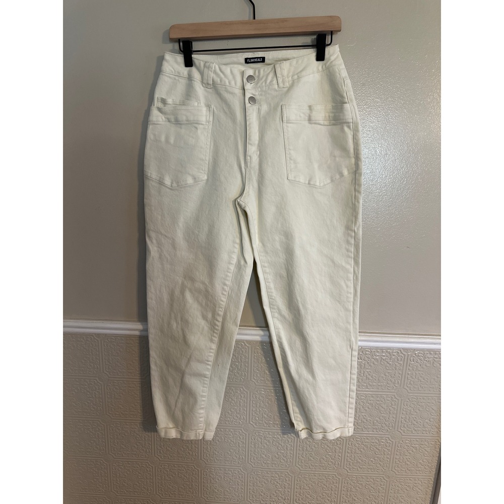 Flamingals Off White High Waisted Tapered Denim Pants Cuffed Cream Jeans 91820
